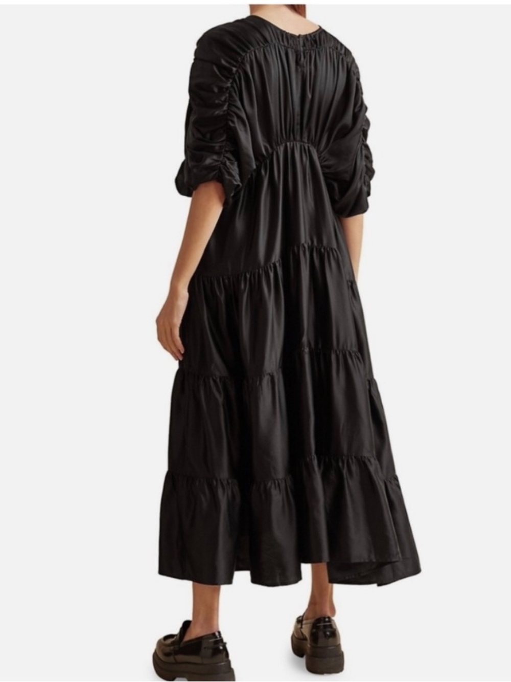 Merlette Black Athene Cotton Ruched Tiered Midi Dress Puff Sleeve Size S - Picture 2 of 7